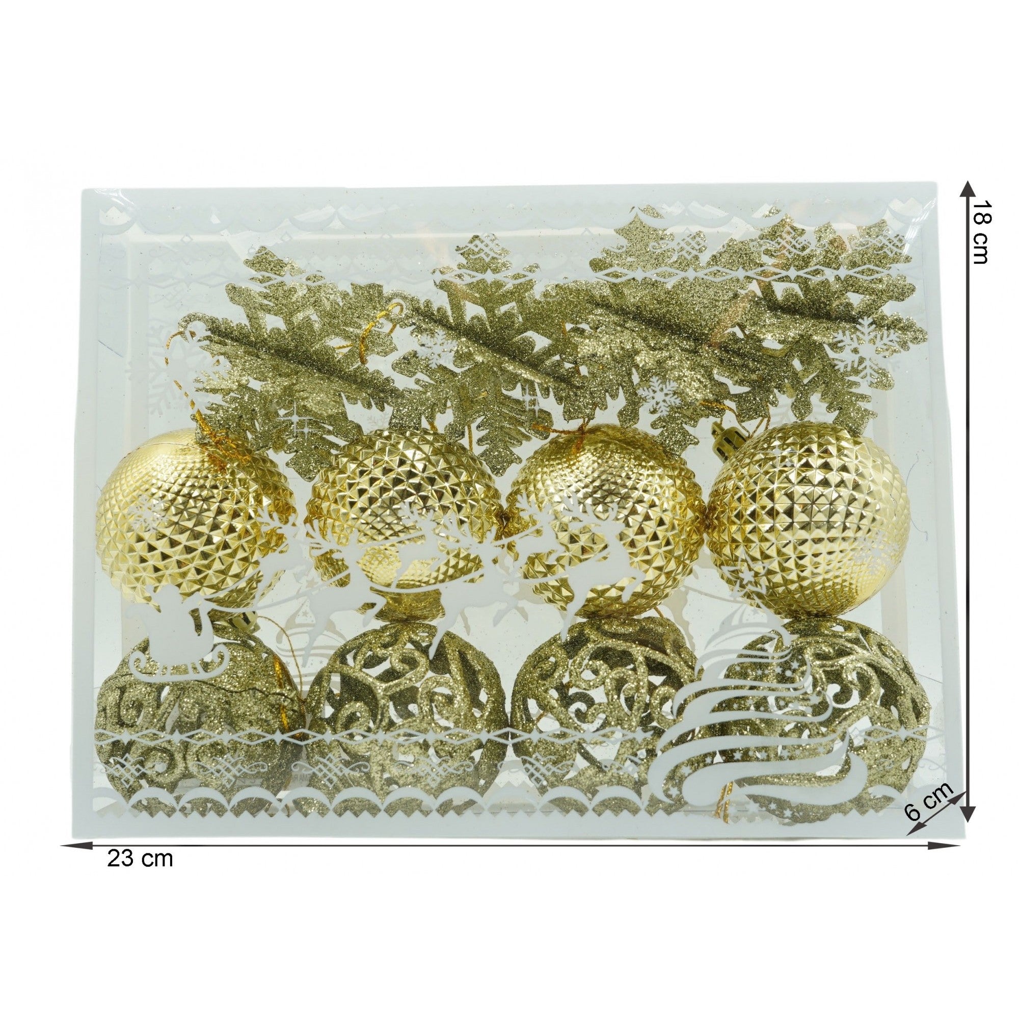 Set de 12 ornamente de brad, Flippy, de tip Glob, Auriu, din plastic, cu finisaj sclipitor , cutie  6  cm adancime x 23  cm lungime x 18  cm inaltime-5