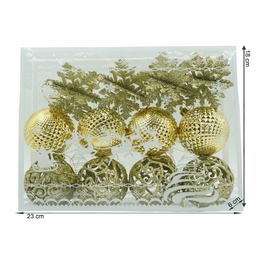 Set de 12 ornamente de brad, Flippy, de tip Glob, Auriu, din plastic, cu finisaj sclipitor , cutie  6  cm adancime x 23  cm lungime x 18  cm inaltime-10