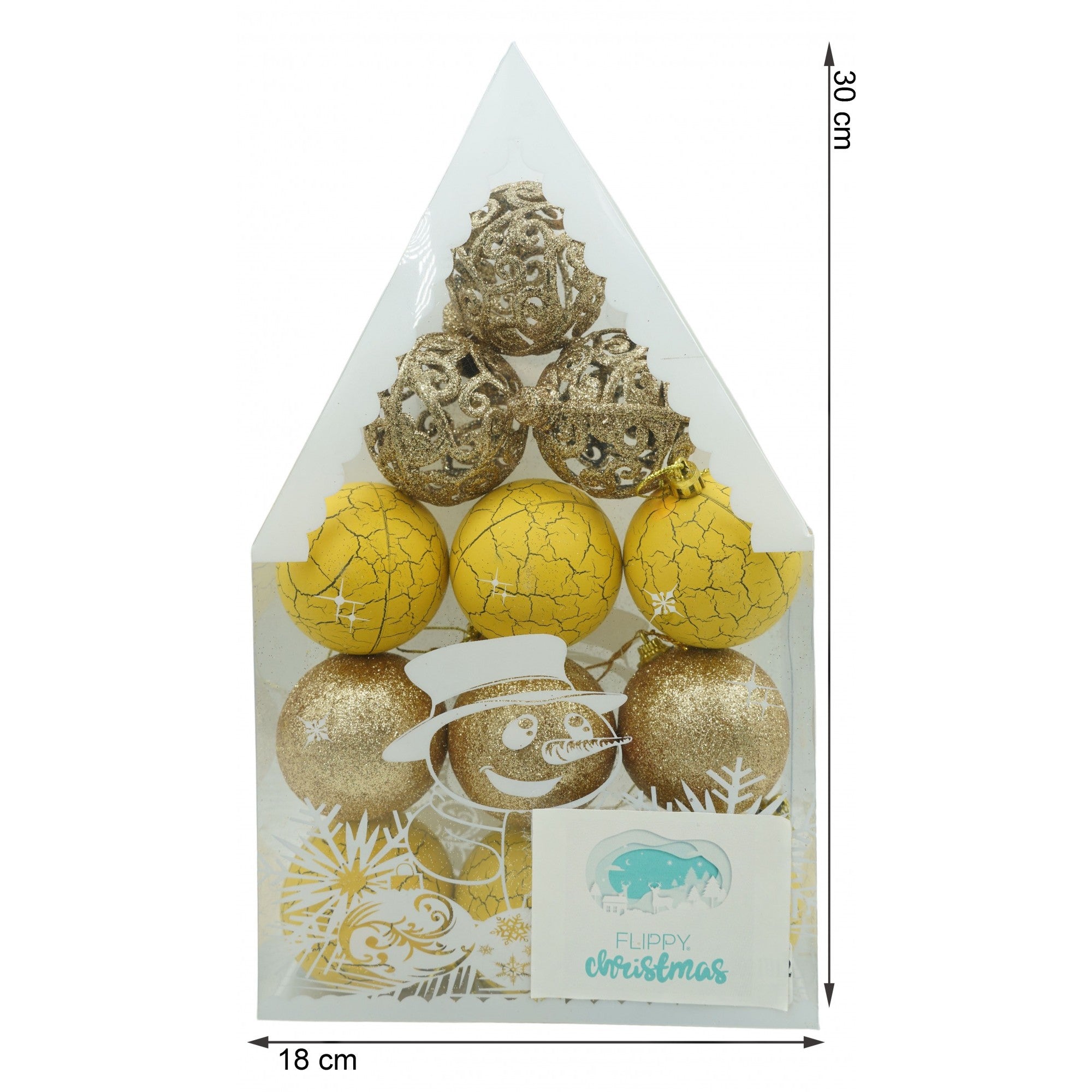 Set de 12 ornamente de brad, Flippy, de tip Glob, Auriu/ Galben, din plastic, cu finisaj sclipitor , cutie  6  cm adancime x 30  cm inaltime x 18  cm lungime)-5