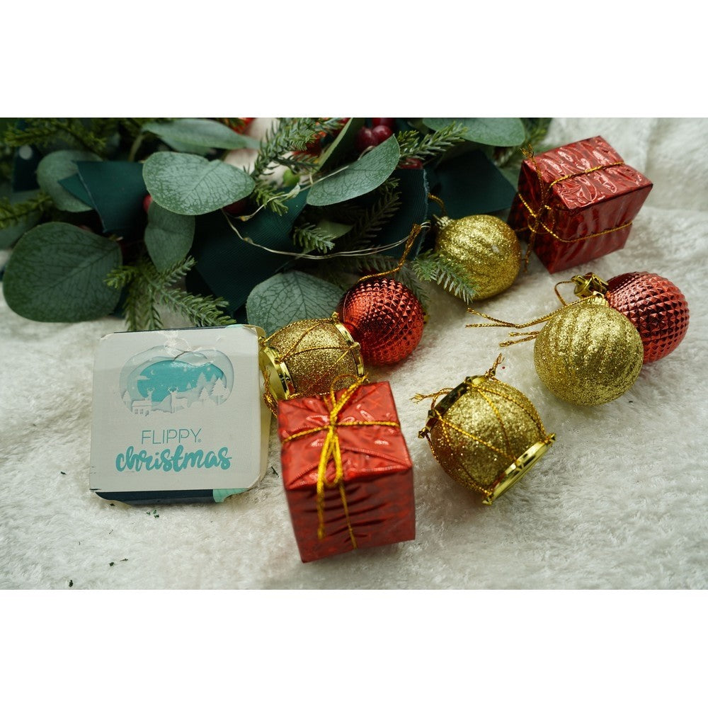 Set de 12 ornamente de brad, Flippy, de tip Glob, Rosu/ Auriu, din polistiren, cu finisaj sclipitor , cutie  4  cm adancime x 20  cm inaltime x 12  cm lungime)-6