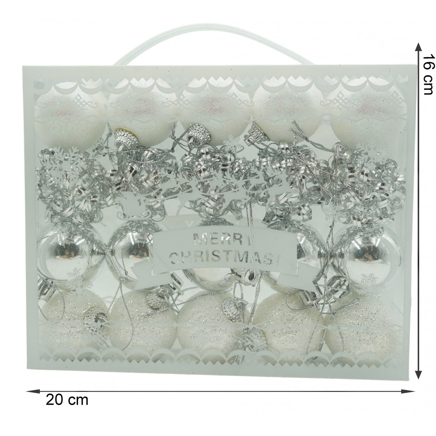 Set de 20 ornamente de brad, Flippy, de tip Glob, Alb/ Argintiu, din polistiren, cu finisaj sclipitor , cutie  4  cm adancime x 20  cm lungime x 16  cm inaltime-5