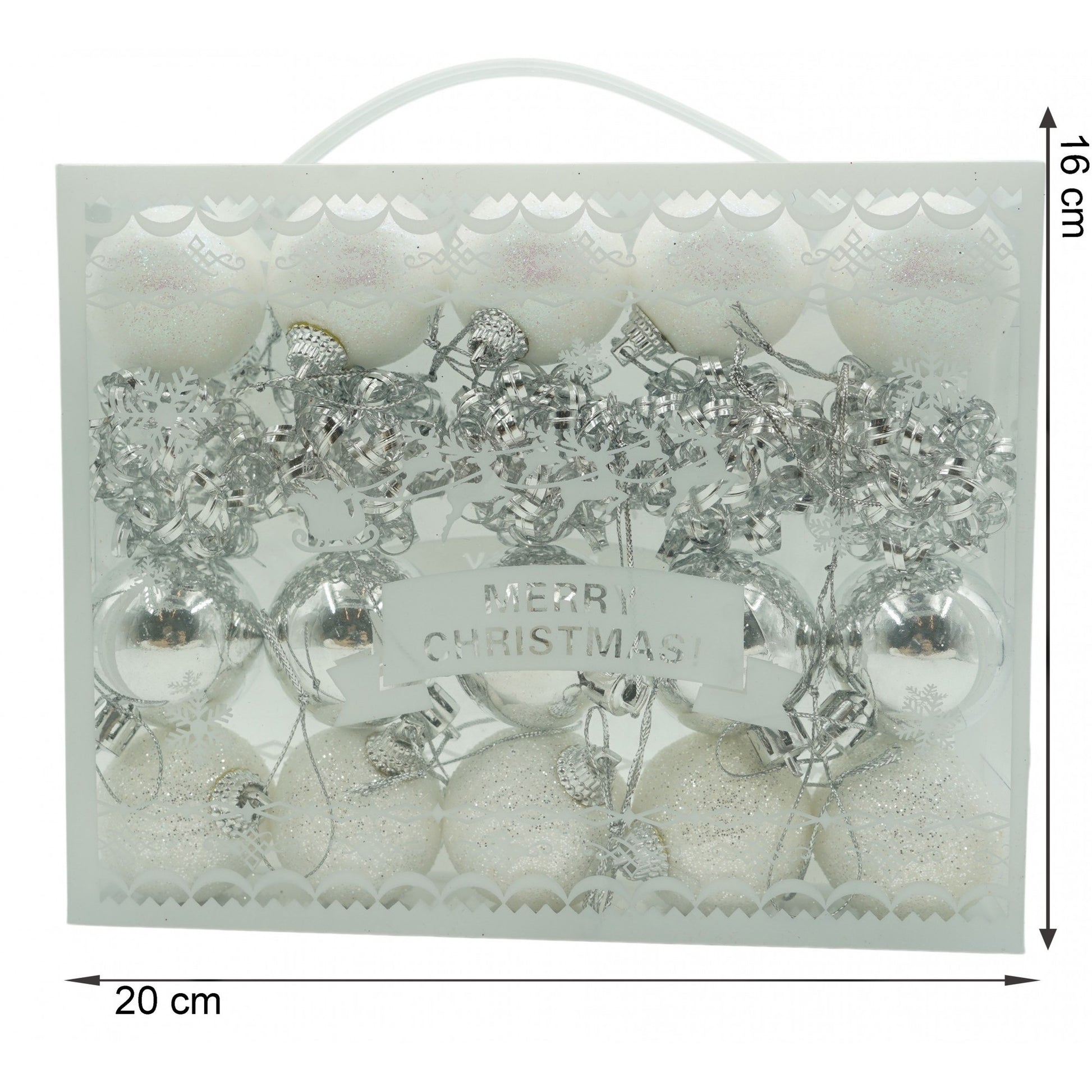 Set de 20 ornamente de brad, Flippy, de tip Glob, Alb/ Argintiu, din polistiren, cu finisaj sclipitor , cutie  4  cm adancime x 20  cm lungime x 16  cm inaltime-5