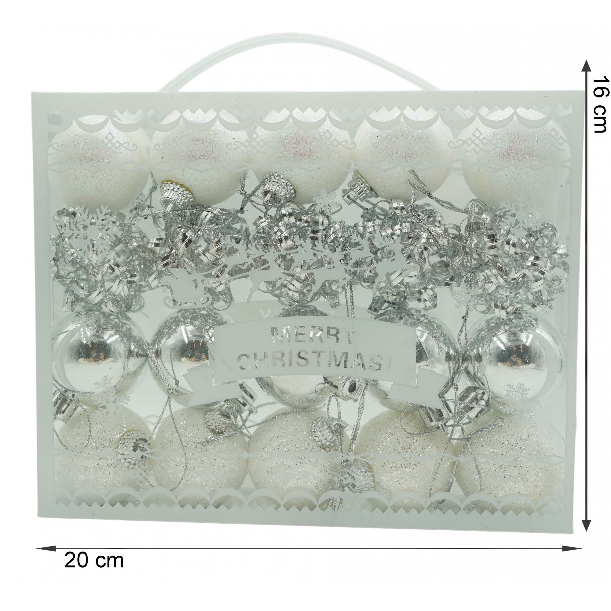 Set de 20 ornamente de brad, Flippy, de tip Glob, Alb/ Argintiu, din polistiren, cu finisaj sclipitor , cutie  4  cm adancime x 20  cm lungime x 16  cm inaltime-5