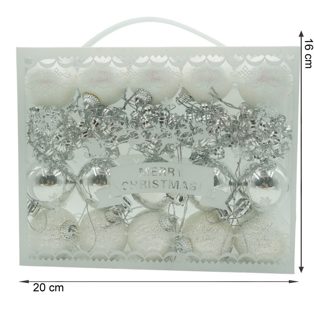 Set de 20 ornamente de brad, Flippy, de tip Glob, Alb/ Argintiu, din polistiren, cu finisaj sclipitor , cutie  4  cm adancime x 20  cm lungime x 16  cm inaltime-10