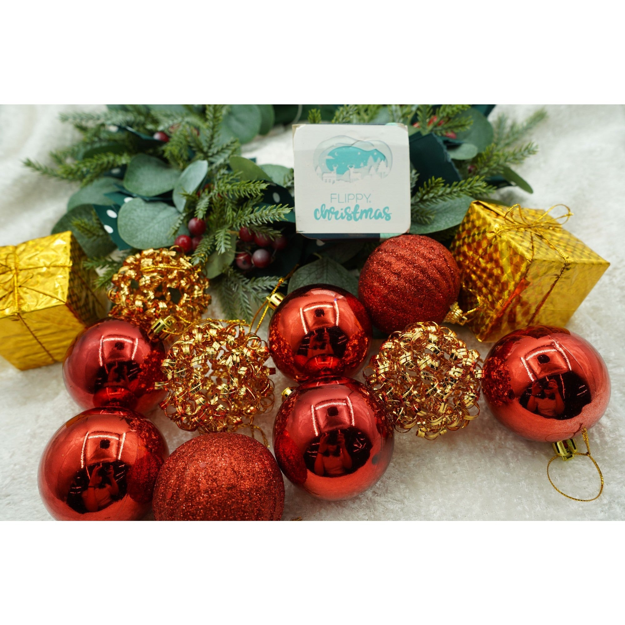 Set de 20 ornamente de brad, Flippy, de tip Glob, Rosu/ Auriu, din polistiren, cu finisaj sclipitor , cutie  6  cm adancime x 29  cm lungime x 24  cm inaltime-2