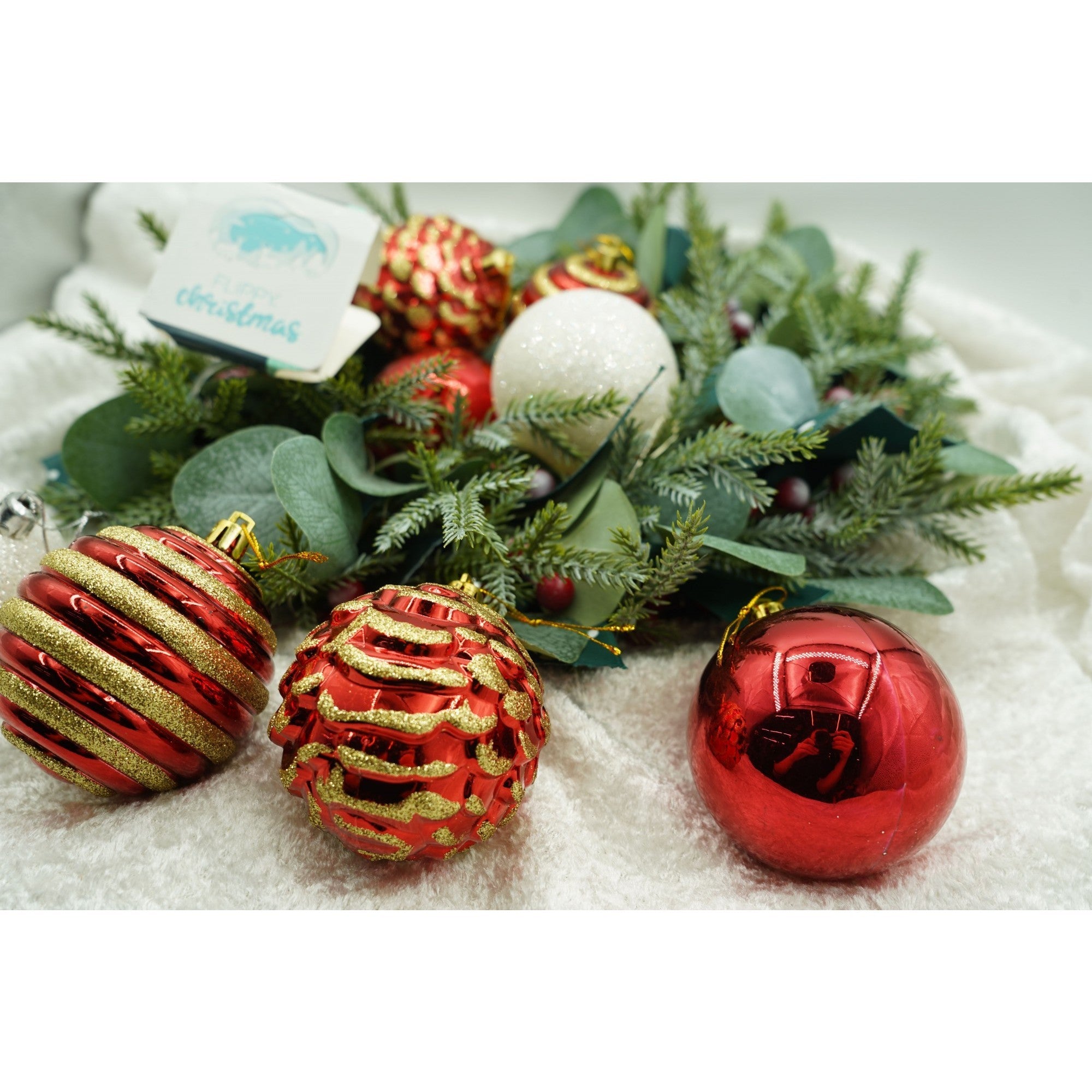 Set de 24 ornamente de brad, Flippy, de tip Glob, Alb/ Rosu, cu ø de 7 cm, din plastic, cu finisaj sclipitor , cutie  16  cm lungime x 36  cm inaltime x 16  cm adancime, Resigilat-5