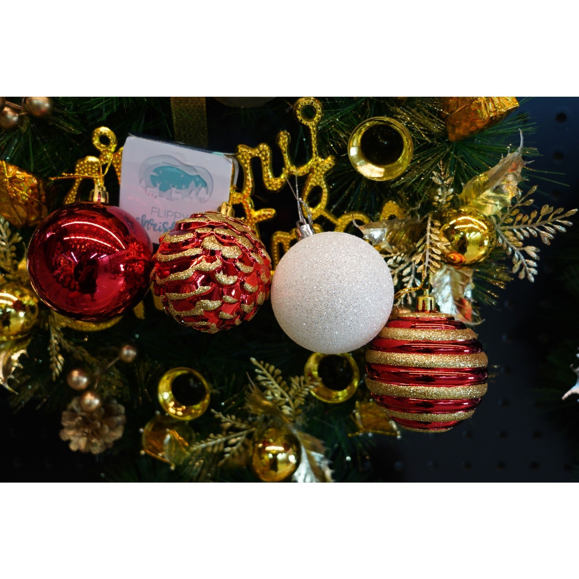 Set de 24 ornamente de brad, Flippy, de tip Glob, Alb/ Rosu, cu ø de 7 cm, din plastic, cu finisaj sclipitor , cutie  16  cm lungime x 36  cm inaltime x 16  cm adancime, Resigilat-7