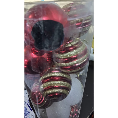 Set de 24 ornamente de brad, Flippy, de tip Glob, Alb/ Rosu, cu ø de 7 cm, din plastic, cu finisaj sclipitor , cutie  16  cm lungime x 36  cm inaltime x 16  cm adancime, Resigilat-11