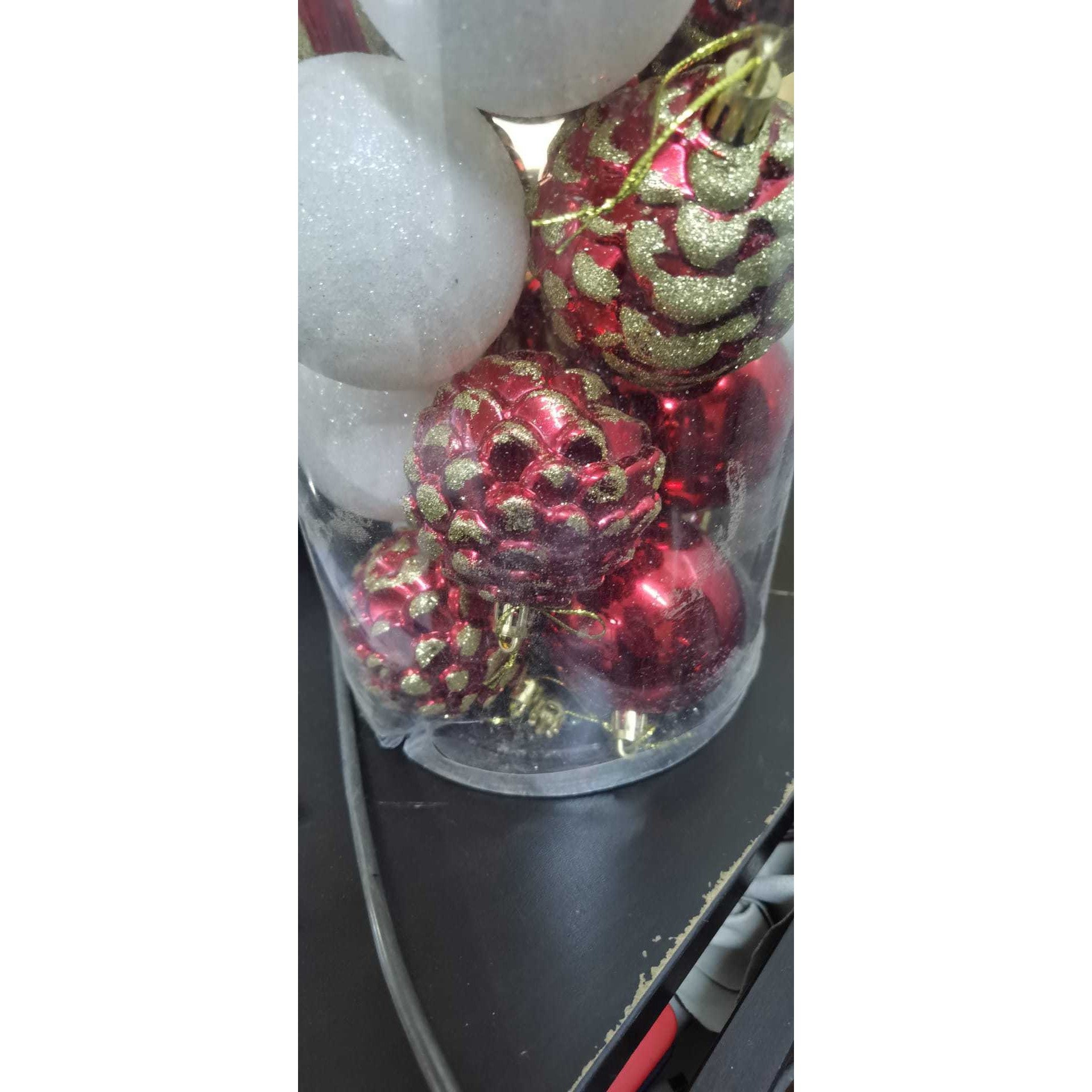 Set de 24 ornamente de brad, Flippy, de tip Glob, Alb/ Rosu, cu ø de 7 cm, din plastic, cu finisaj sclipitor , cutie  16  cm lungime x 36  cm inaltime x 16  cm adancime, Resigilat-12