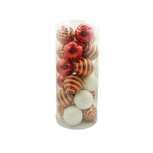 Set de 24 ornamente de brad, Flippy, de tip Glob, Alb/ Rosu, cu ø de 7 cm, din plastic, cu finisaj sclipitor , cutie  16  cm lungime x 36  cm inaltime x 16  cm adancime, Resigilat-0