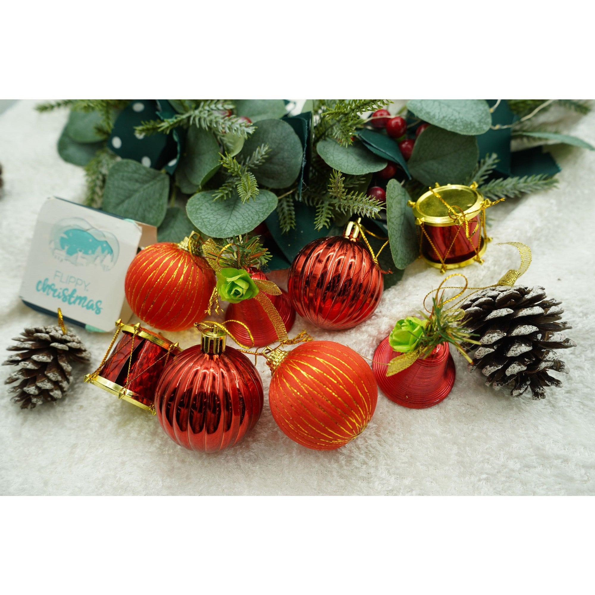 Set de 24 ornamente de brad, Flippy, de tip Glob, Rosu/ Maro, din polistiren, cu finisaj sclipitor , cutie  5  cm adancime x 29  cm lungime x 19  cm inaltime-1