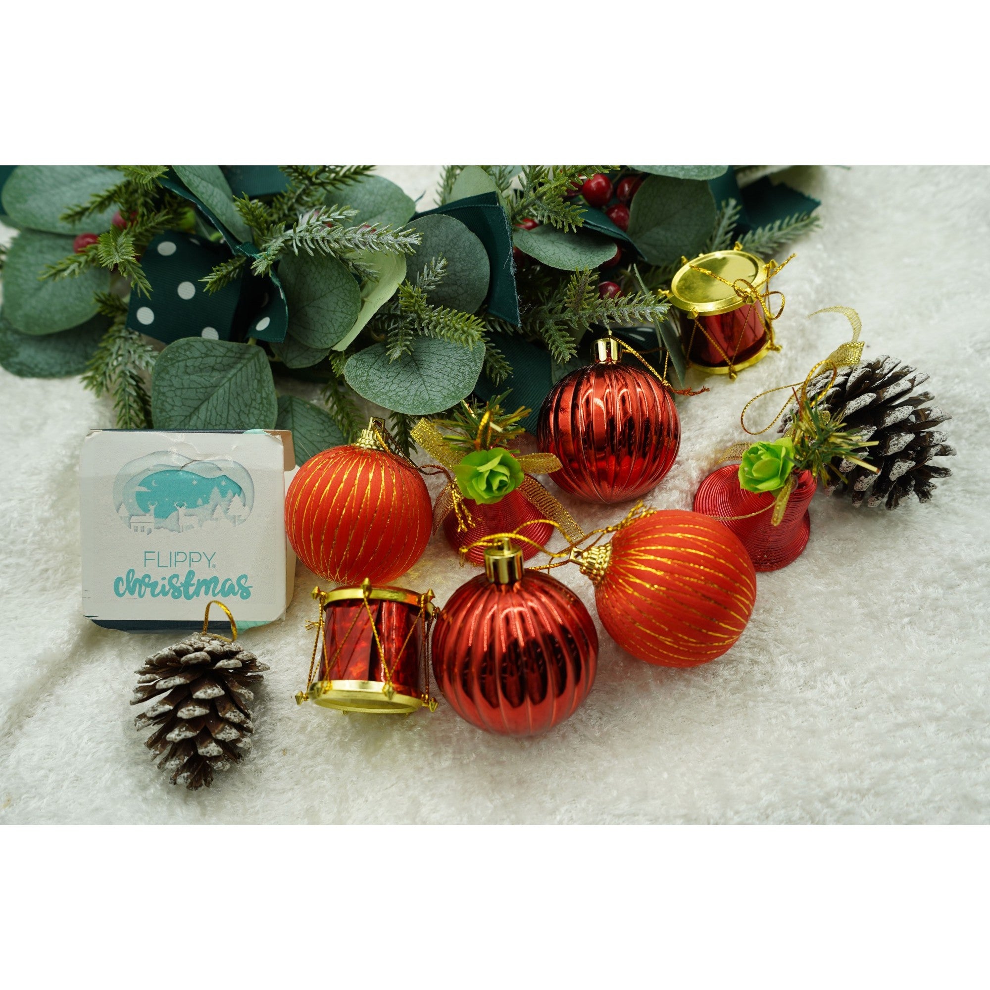 Set de 24 ornamente de brad, Flippy, de tip Glob, Rosu/ Maro, din polistiren, cu finisaj sclipitor , cutie  5  cm adancime x 29  cm lungime x 19  cm inaltime-2