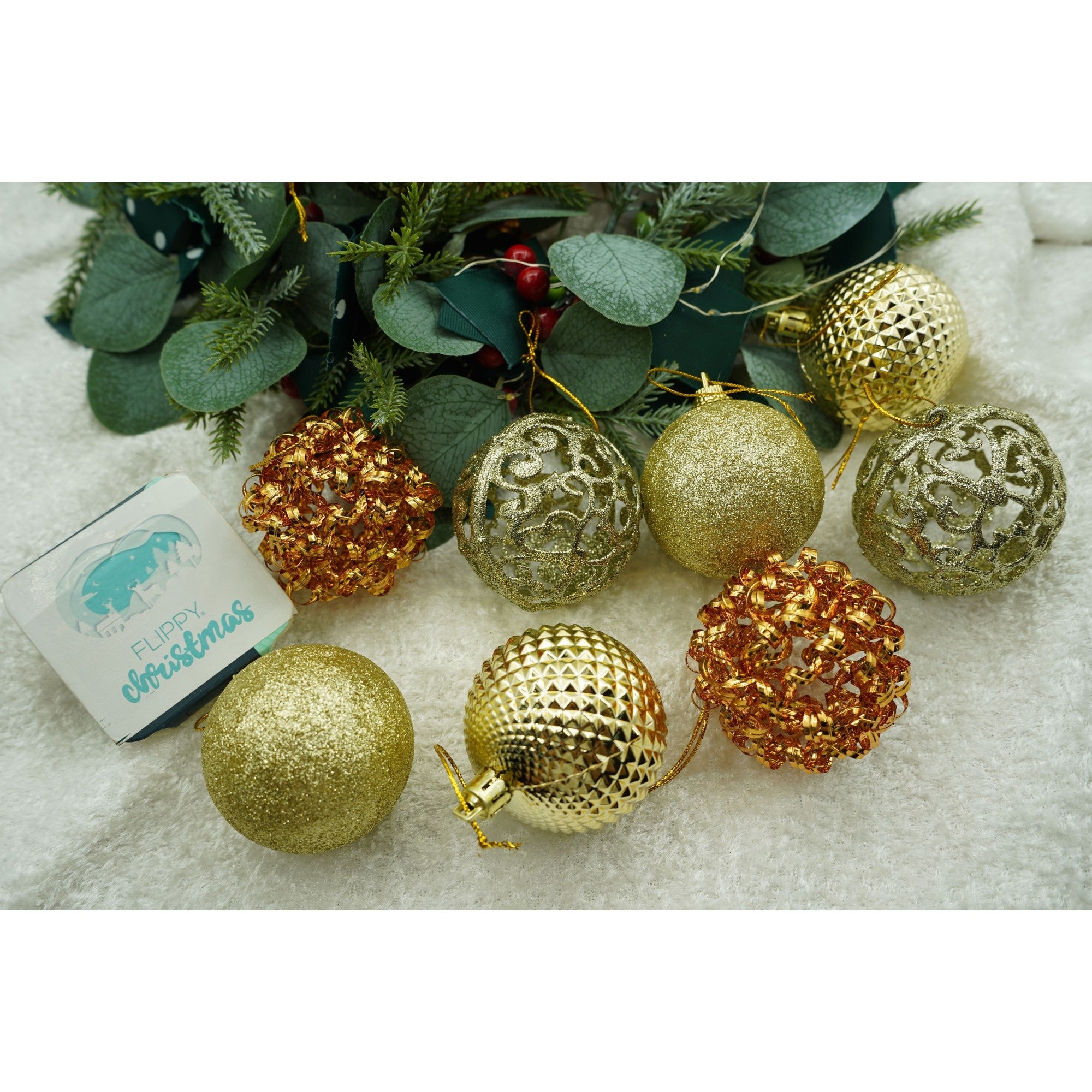 Set de 28 ornamente de brad, Flippy, de tip Glob, Cupru/ Auriu, din polistiren, cu finisaj sclipitor , cutie  18  cm adancime x 22  cm inaltime x 18  cm lungime)-1