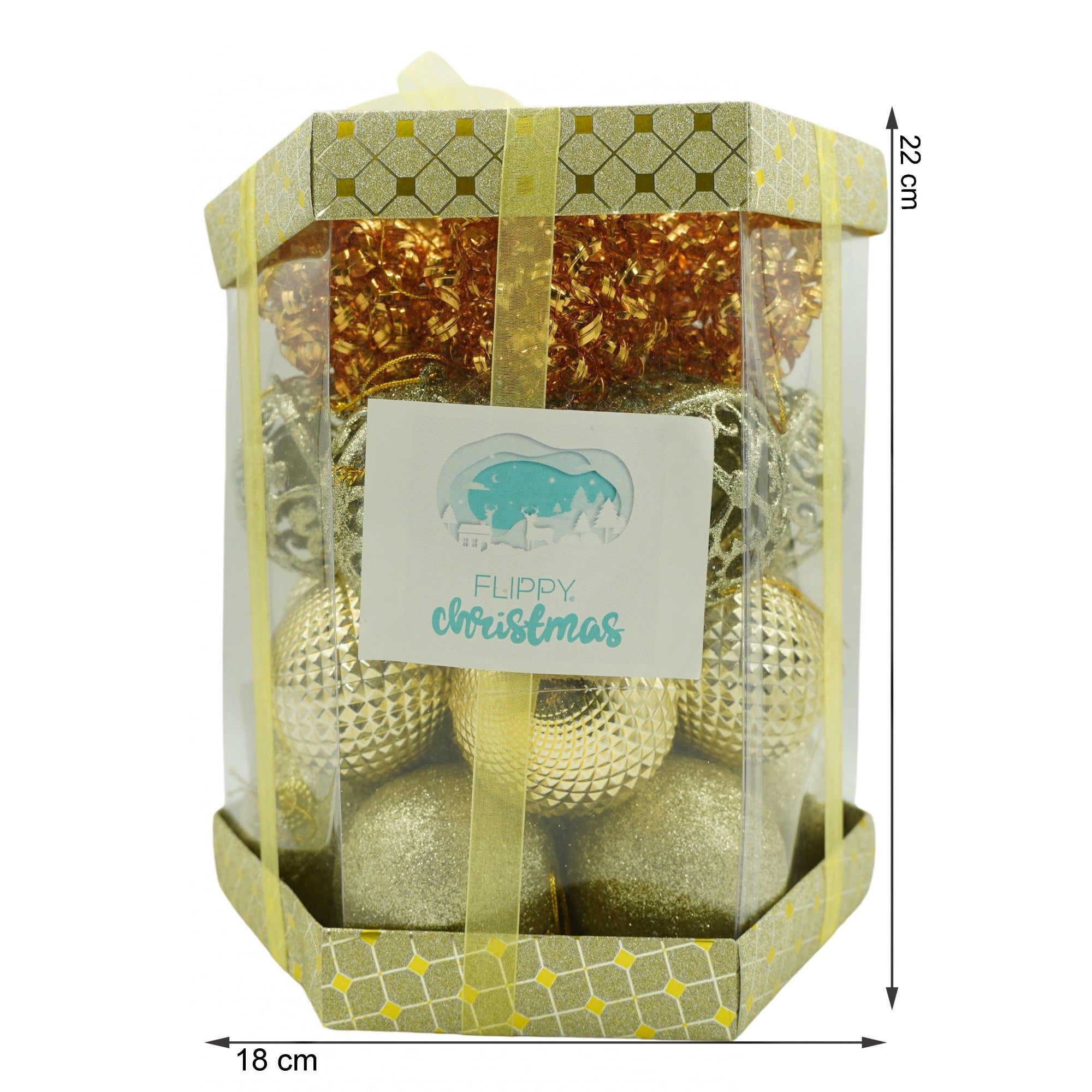 Set de 28 ornamente de brad, Flippy, de tip Glob, Cupru/ Auriu, din polistiren, cu finisaj sclipitor , cutie  18  cm adancime x 22  cm inaltime x 18  cm lungime)-5