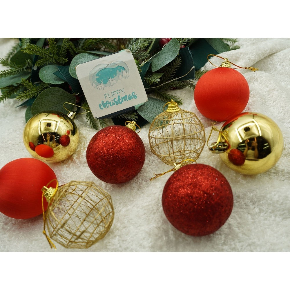 Set de 28 ornamente de brad, Flippy, de tip Glob, Rosu/ Auriu, din polistiren, cu finisaj sclipitor , cutie  18  cm adancime x 22  cm inaltime x 18  cm lungime)-6