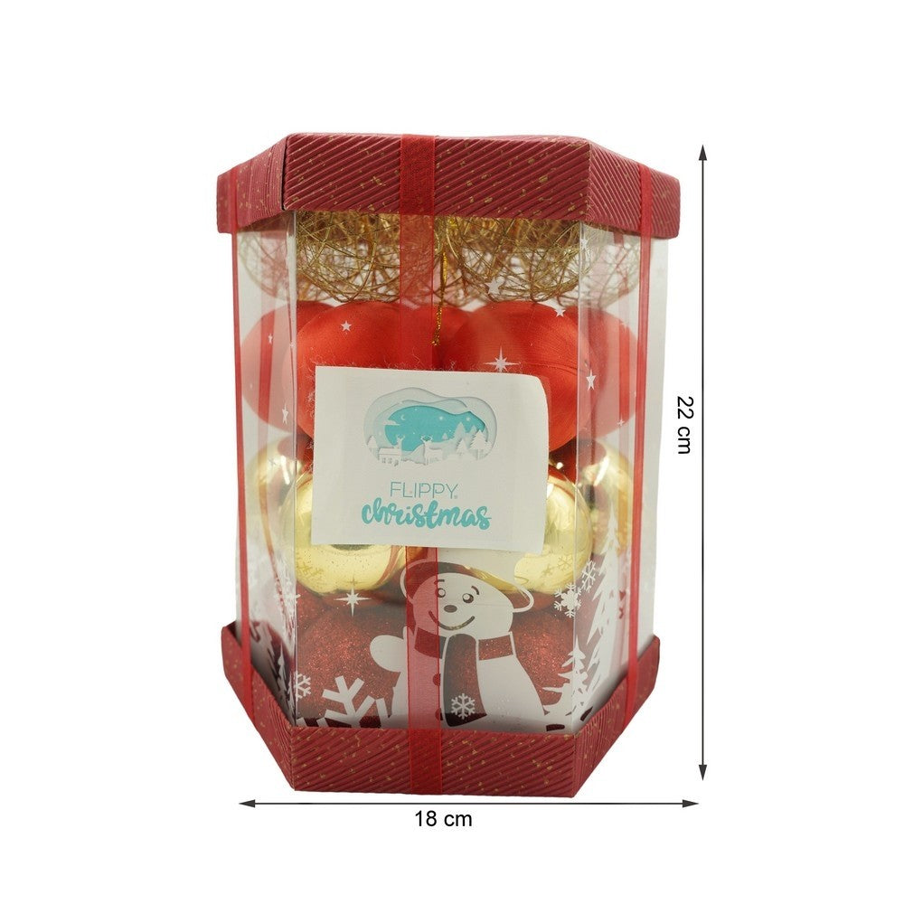 Set de 28 ornamente de brad, Flippy, de tip Glob, Rosu/ Auriu, din polistiren, cu finisaj sclipitor , cutie  18  cm adancime x 22  cm inaltime x 18  cm lungime)-10