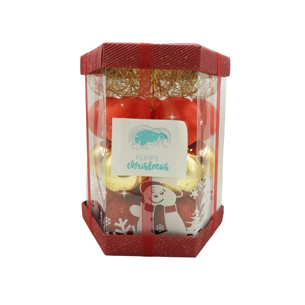 Set de 28 ornamente de brad, Flippy, de tip Glob, Rosu/ Auriu, din polistiren, cu finisaj sclipitor , cutie  18  cm adancime x 22  cm inaltime x 18  cm lungime)-0