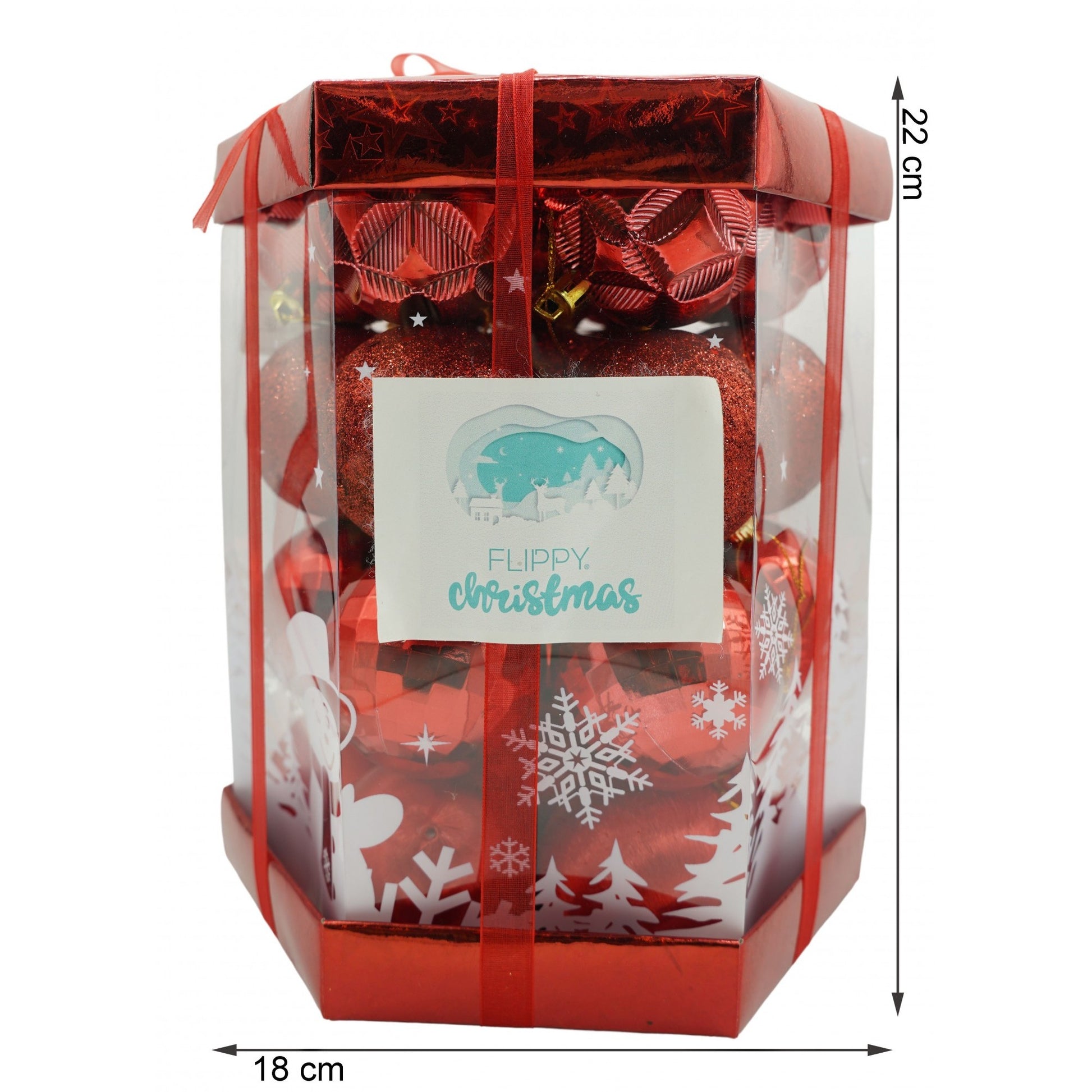Set de 28 ornamente de brad, Flippy, de tip Glob, Rosu, din polistiren, cu finisaj sclipitor , cutie  18  cm adancime x 22  cm inaltime x 18  cm lungime)-4