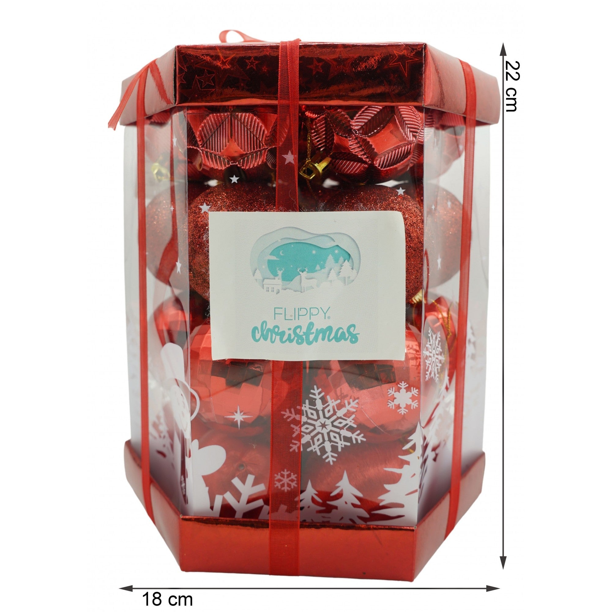 Set de 28 ornamente de brad, Flippy, de tip Glob, Rosu, din polistiren, cu finisaj sclipitor , cutie  18  cm adancime x 22  cm inaltime x 18  cm lungime)-4