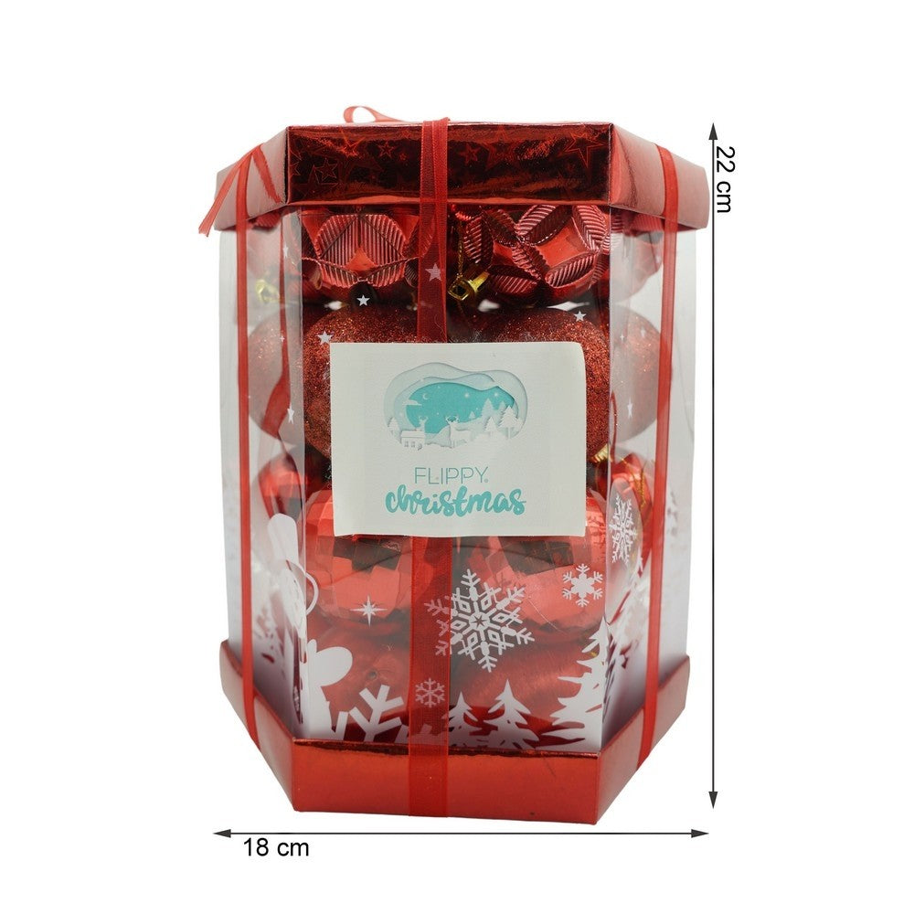 Set de 28 ornamente de brad, Flippy, de tip Glob, Rosu, din polistiren, cu finisaj sclipitor , cutie  18  cm adancime x 22  cm inaltime x 18  cm lungime)-9