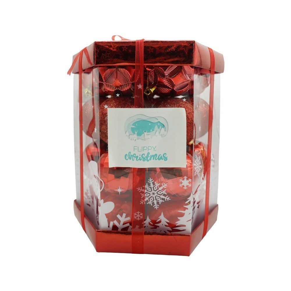 Set de 28 ornamente de brad, Flippy, de tip Glob, Rosu, din polistiren, cu finisaj sclipitor , cutie  18  cm adancime x 22  cm inaltime x 18  cm lungime)-0