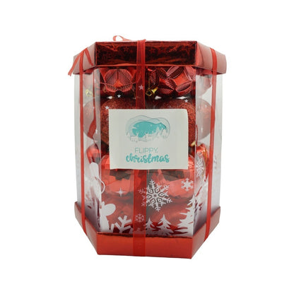 Set de 28 ornamente de brad, Flippy, de tip Glob, Rosu, din polistiren, cu finisaj sclipitor , cutie  18  cm adancime x 22  cm inaltime x 18  cm lungime)-0