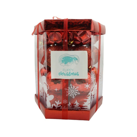 Set de 28 ornamente de brad, Flippy, de tip Glob, Rosu, din polistiren, cu finisaj sclipitor , cutie  18  cm adancime x 22  cm inaltime x 18  cm lungime)-0