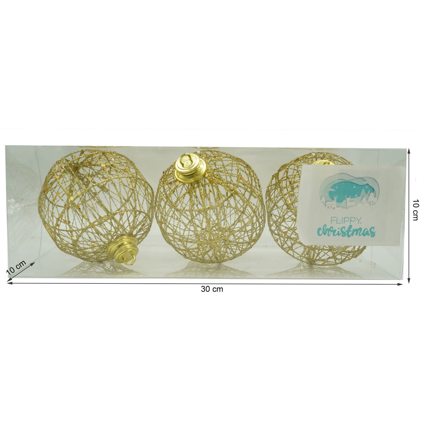 Set de 3 ornamente de brad, Flippy, de tip Glob, Auriu, cu ø de 10 cm, din metal, cu finisaj sclipitor , cutie  10  cm adancime x 30  cm lungime x 10  cm inaltime-5