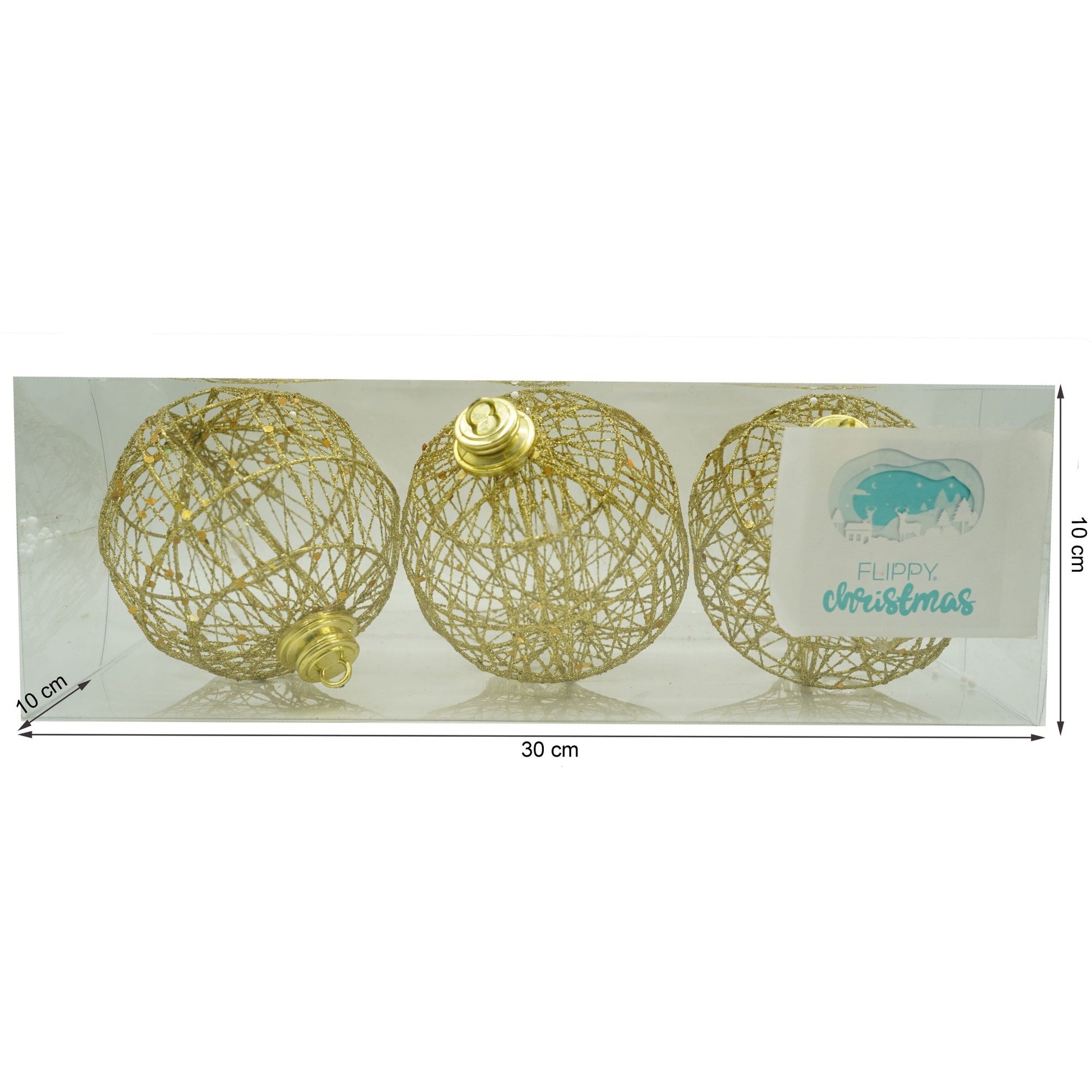Set de 3 ornamente de brad, Flippy, de tip Glob, Auriu, cu ø de 10 cm, din metal, cu finisaj sclipitor , cutie  10  cm adancime x 30  cm lungime x 10  cm inaltime-5