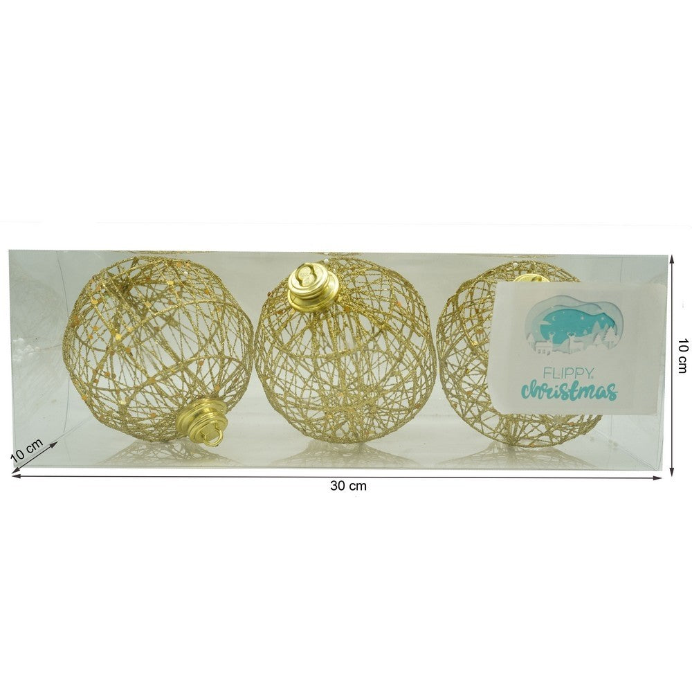 Set de 3 ornamente de brad, Flippy, de tip Glob, Auriu, cu ø de 10 cm, din metal, cu finisaj sclipitor , cutie  10  cm adancime x 30  cm lungime x 10  cm inaltime-10