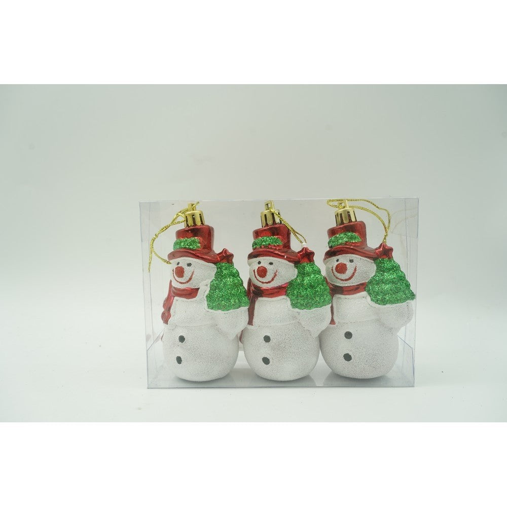 Set de 3 ornamente de brad, Flippy, de tip Om de zapada, Alb/Rosu, din plastic, cu finisaj sclipitor , cutie  4  cm adancime x 6  cm inaltime x 9  cm lungime-6