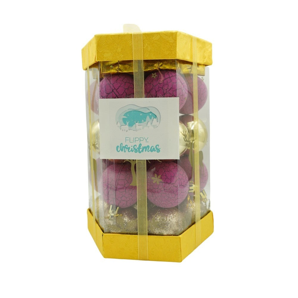Set de 35 ornamente de brad, Flippy, de tip Glob, Auriu/ Mov, din polistiren, cu finisaj sclipitor , cutie  14  cm adancime x 23  cm inaltime x 14  cm lungime)-0