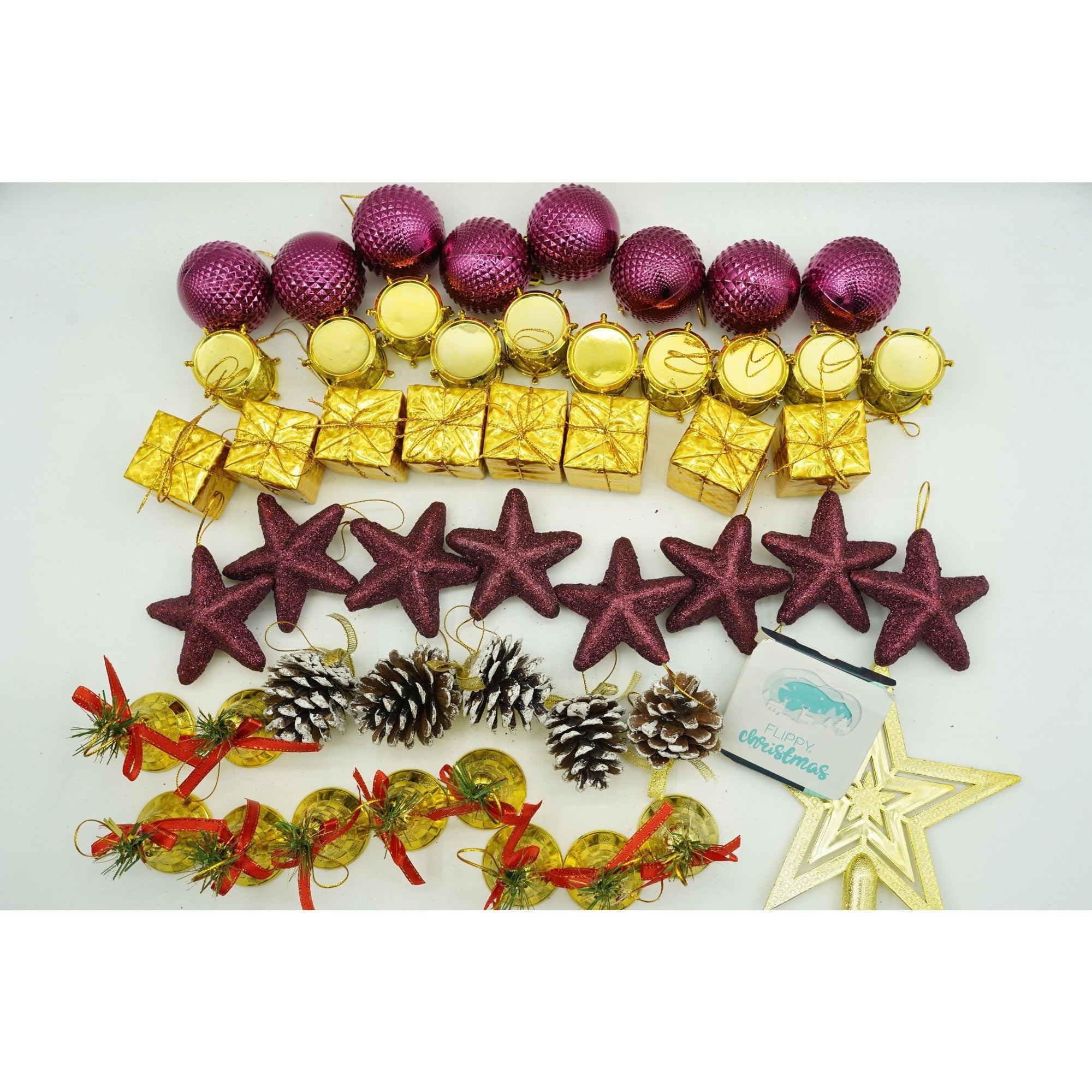 Set de 50 ornamente de brad, Flippy, de tip Glob, Rosu/ Auriu, din plastic, cu finisaj sclipitor , cutie  18  cm lungime x 12  cm adancime x 18  cm inaltime-1