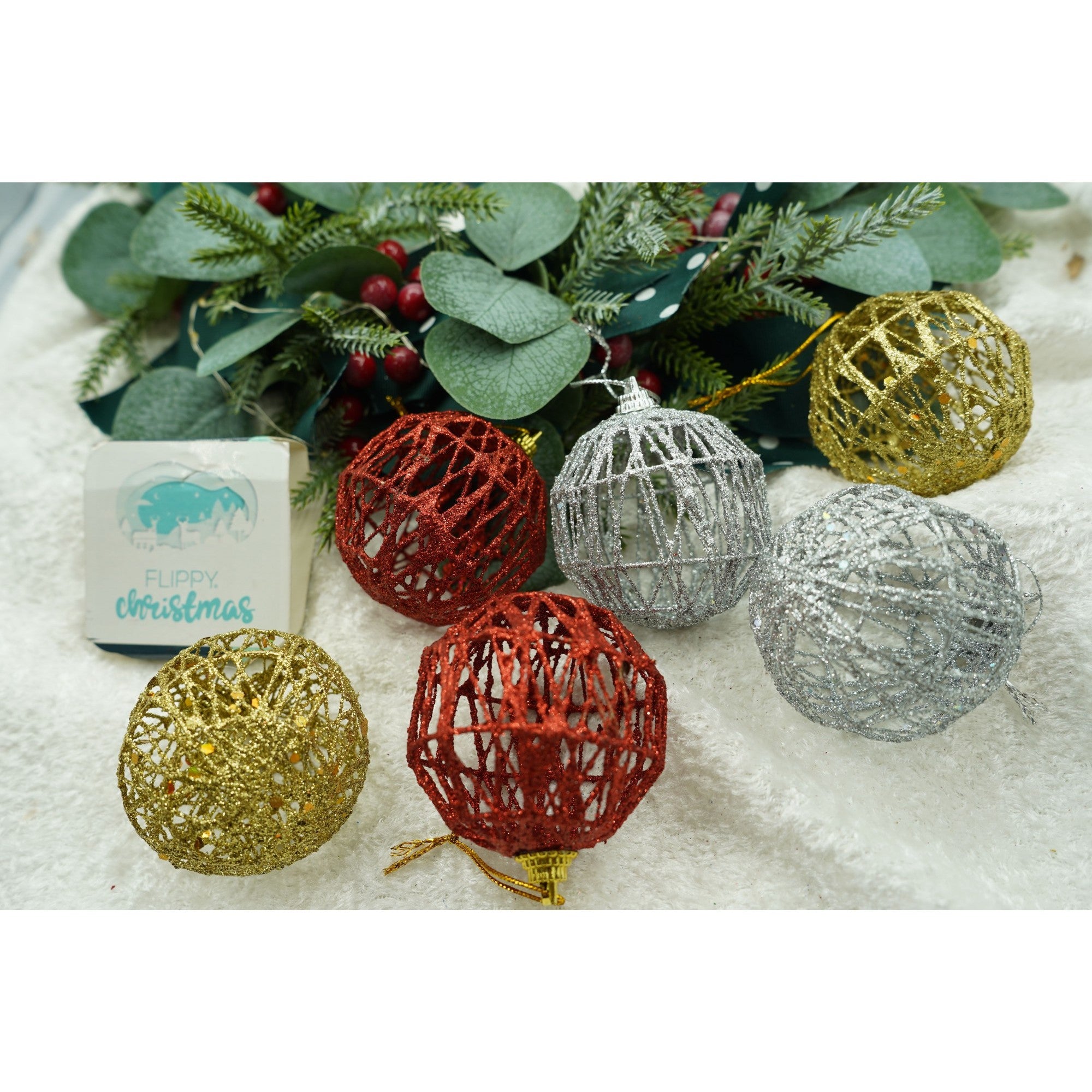 Set de 6 ornamente de brad, Flippy, de tip Glob, Multicolor, cu ø de 6 cm, din metal, cu finisaj sclipitor , cutie  6  cm adancime x 34  cm lungime x 6  cm inaltime-2