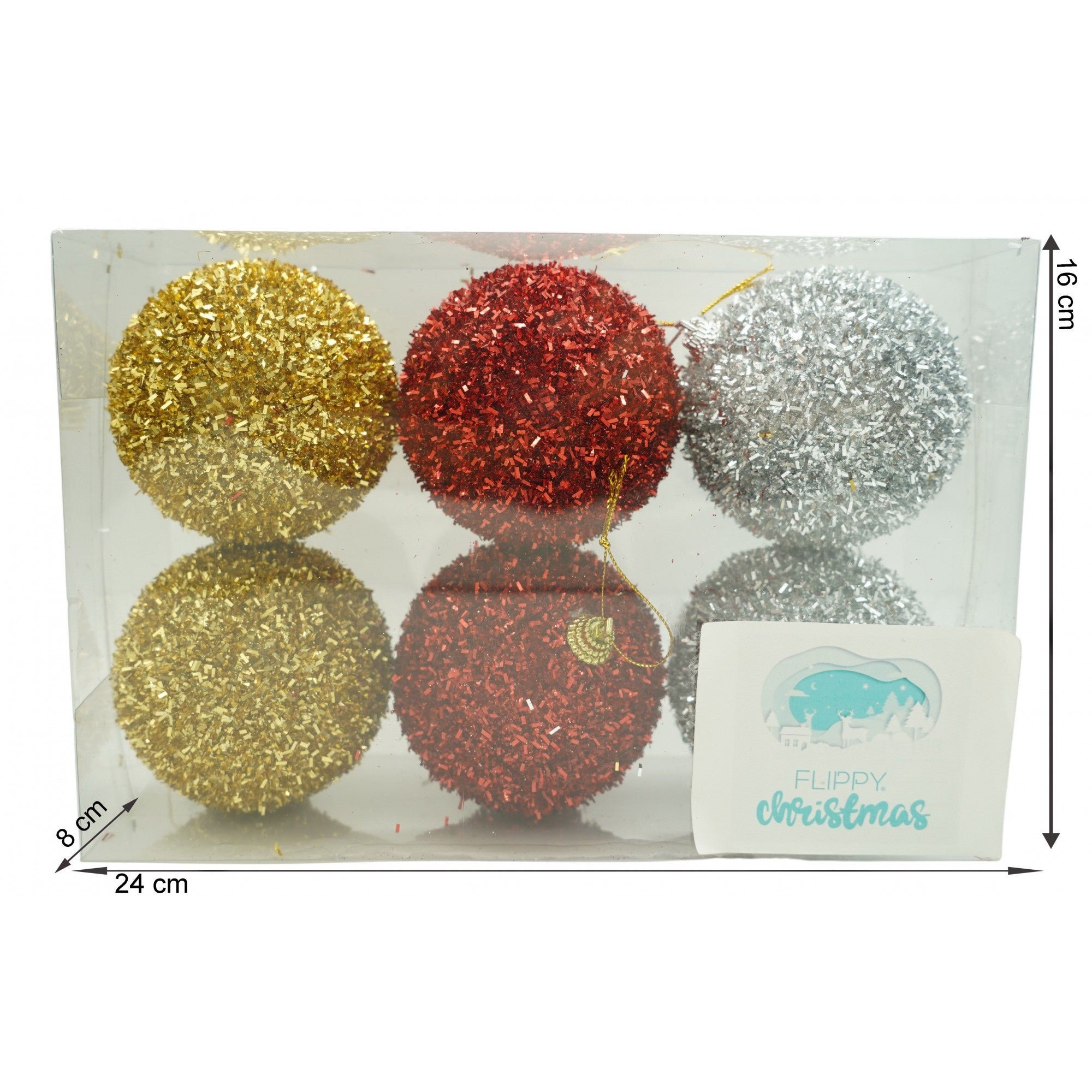 Set de 6  ornamente de brad, Flippy, de tip Glob, Multicolor, cu ø de 8 cm, din polistiren, cu finisaj sclipitor , cutie  16  cm inaltime x 24  cm lungime x 8  cm adancime-5