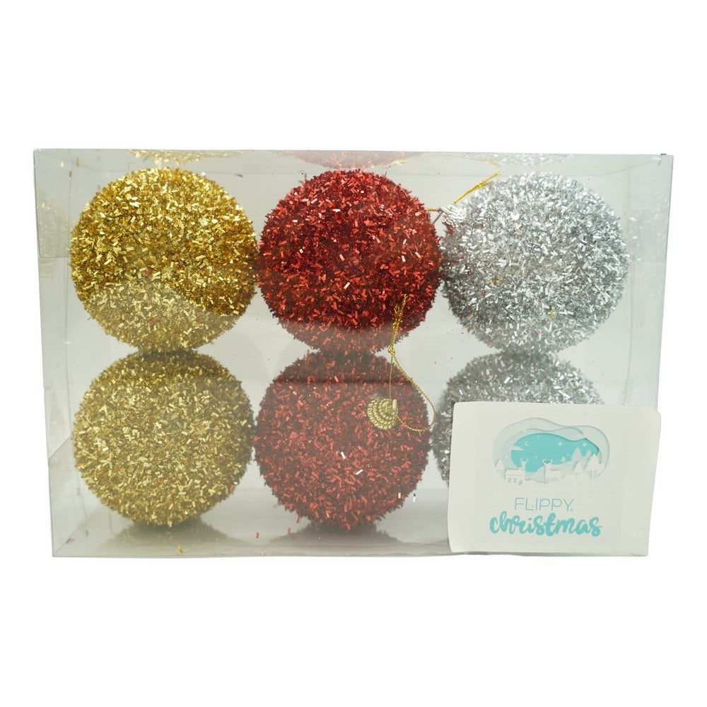 Set de 6  ornamente de brad, Flippy, de tip Glob, Multicolor, cu ø de 8 cm, din polistiren, cu finisaj sclipitor , cutie  16  cm inaltime x 24  cm lungime x 8  cm adancime-0