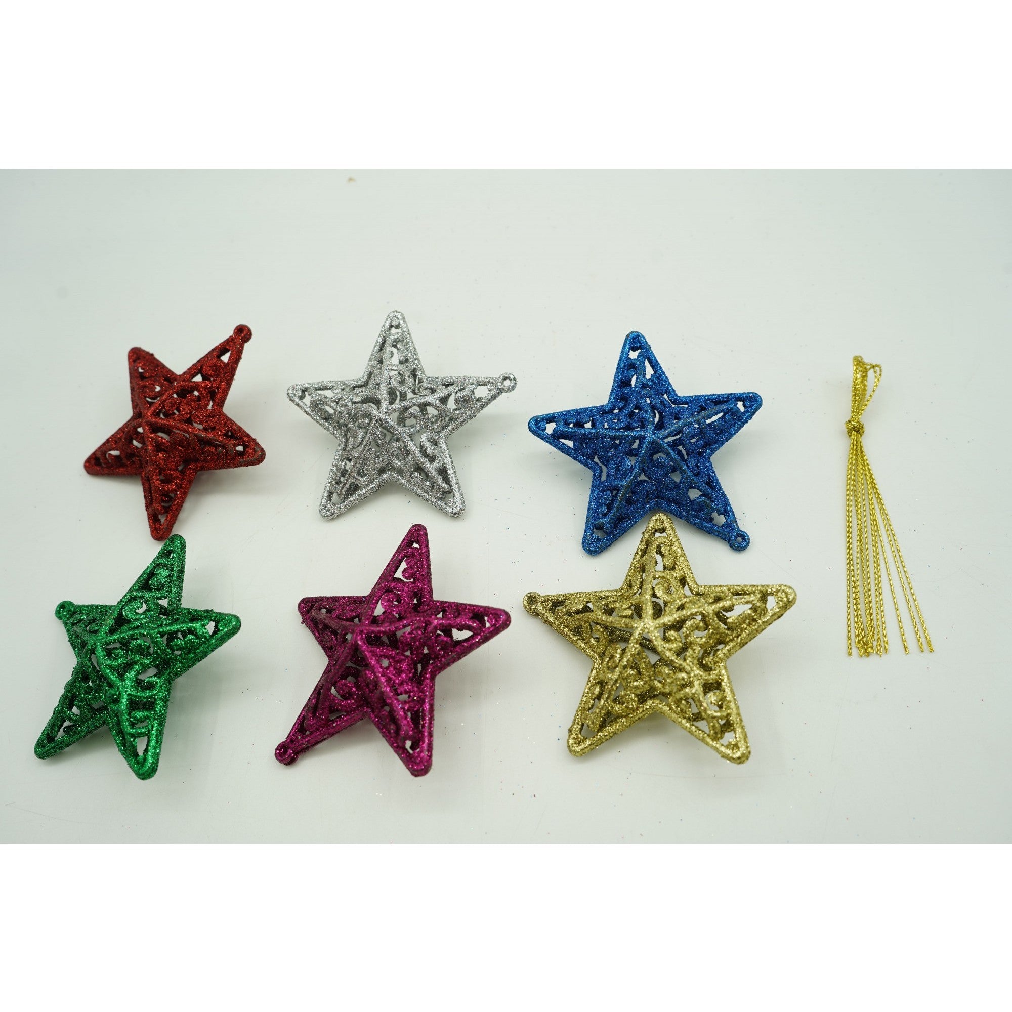 Set de 6 ornamente de brad, Flippy, de tip Stea, Multicolor, din plastic, cu finisaj sclipitor , cutie  3  cm adancime x 31  cm lungime x 9  cm inaltime-1