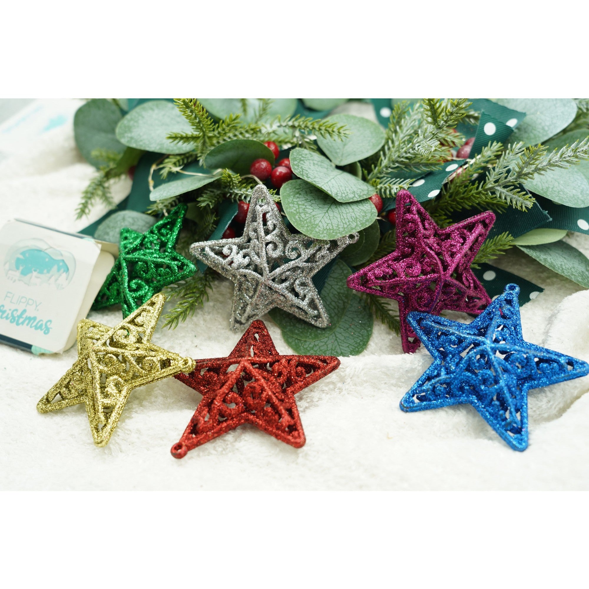 Set de 6 ornamente de brad, Flippy, de tip Stea, Multicolor, din plastic, cu finisaj sclipitor , cutie  3  cm adancime x 31  cm lungime x 9  cm inaltime-2