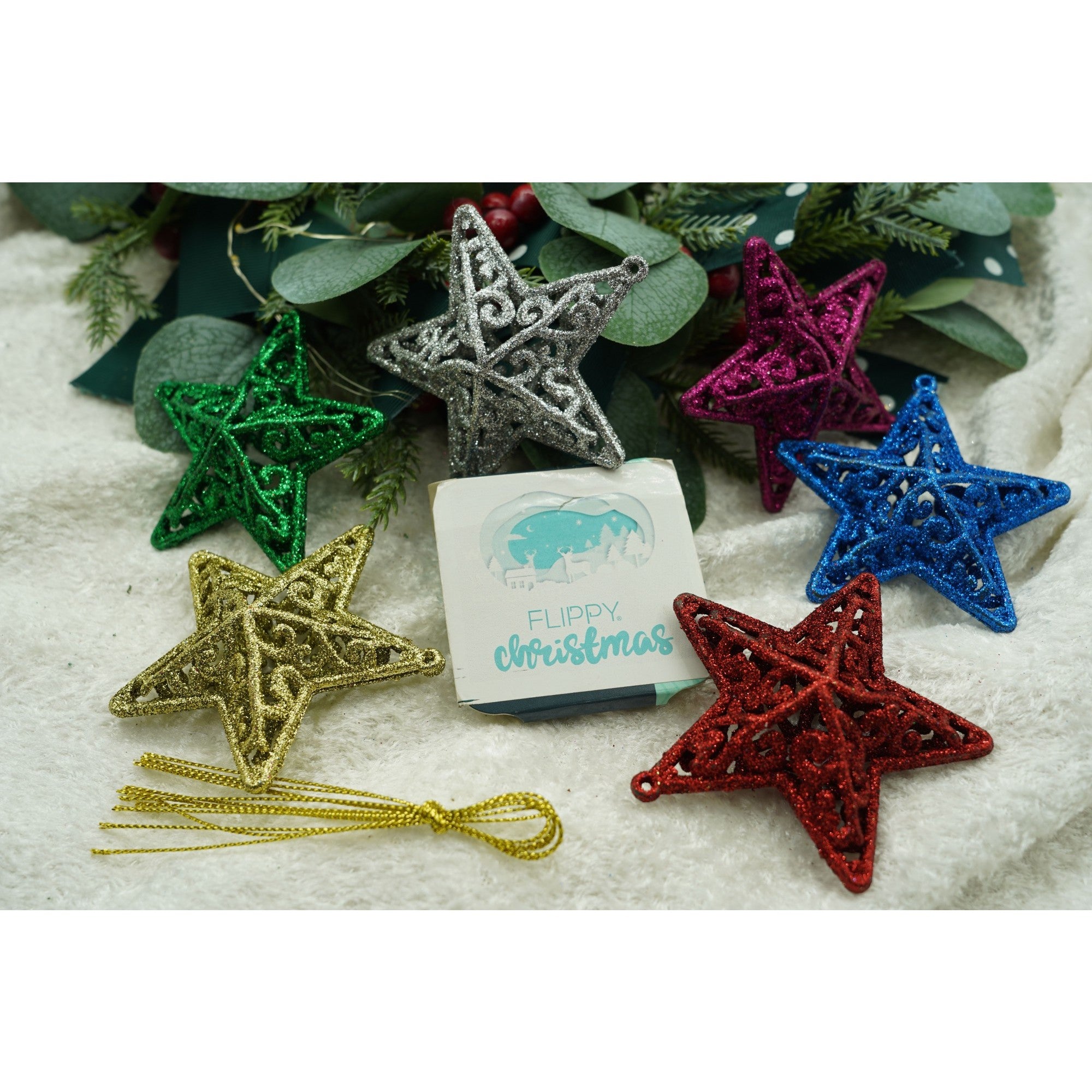 Set de 6 ornamente de brad, Flippy, de tip Stea, Multicolor, din plastic, cu finisaj sclipitor , cutie  3  cm adancime x 31  cm lungime x 9  cm inaltime-6