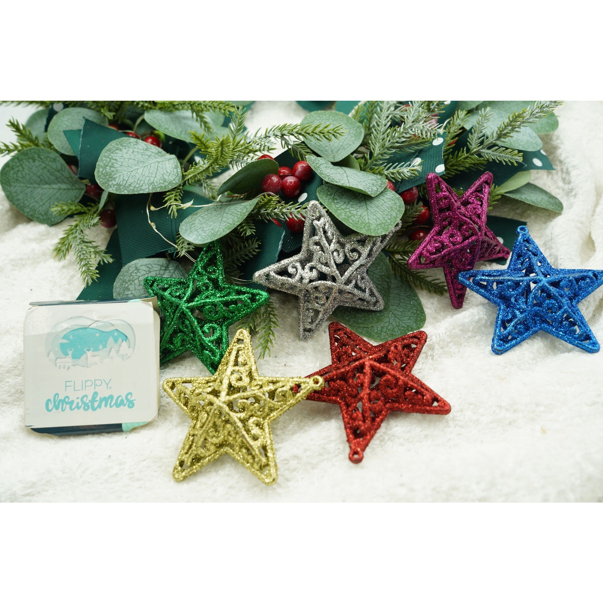 Set de 6 ornamente de brad, Flippy, de tip Stea, Multicolor, din plastic, cu finisaj sclipitor , cutie  3  cm adancime x 31  cm lungime x 9  cm inaltime-7