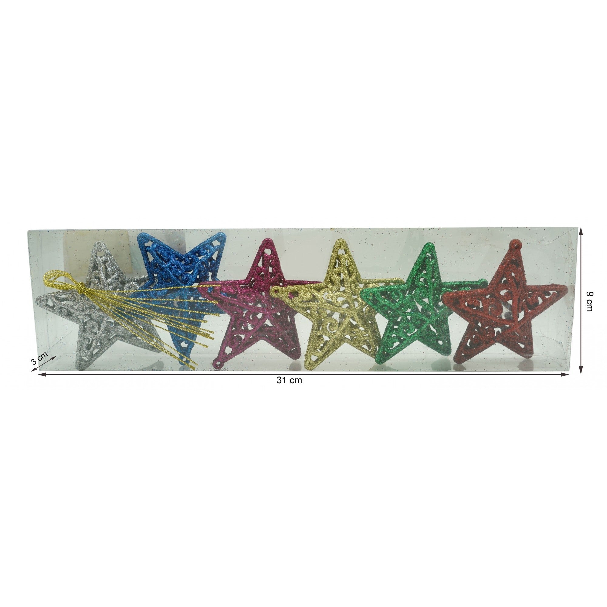 Set de 6 ornamente de brad, Flippy, de tip Stea, Multicolor, din plastic, cu finisaj sclipitor , cutie  3  cm adancime x 31  cm lungime x 9  cm inaltime-8