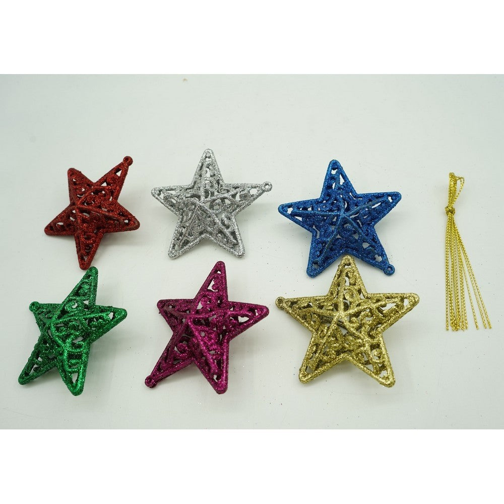 Set de 6 ornamente de brad, Flippy, de tip Stea, Multicolor, din plastic, cu finisaj sclipitor , cutie  3  cm adancime x 31  cm lungime x 9  cm inaltime-10