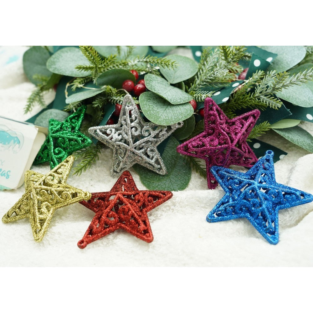 Set de 6 ornamente de brad, Flippy, de tip Stea, Multicolor, din plastic, cu finisaj sclipitor , cutie  3  cm adancime x 31  cm lungime x 9  cm inaltime-11