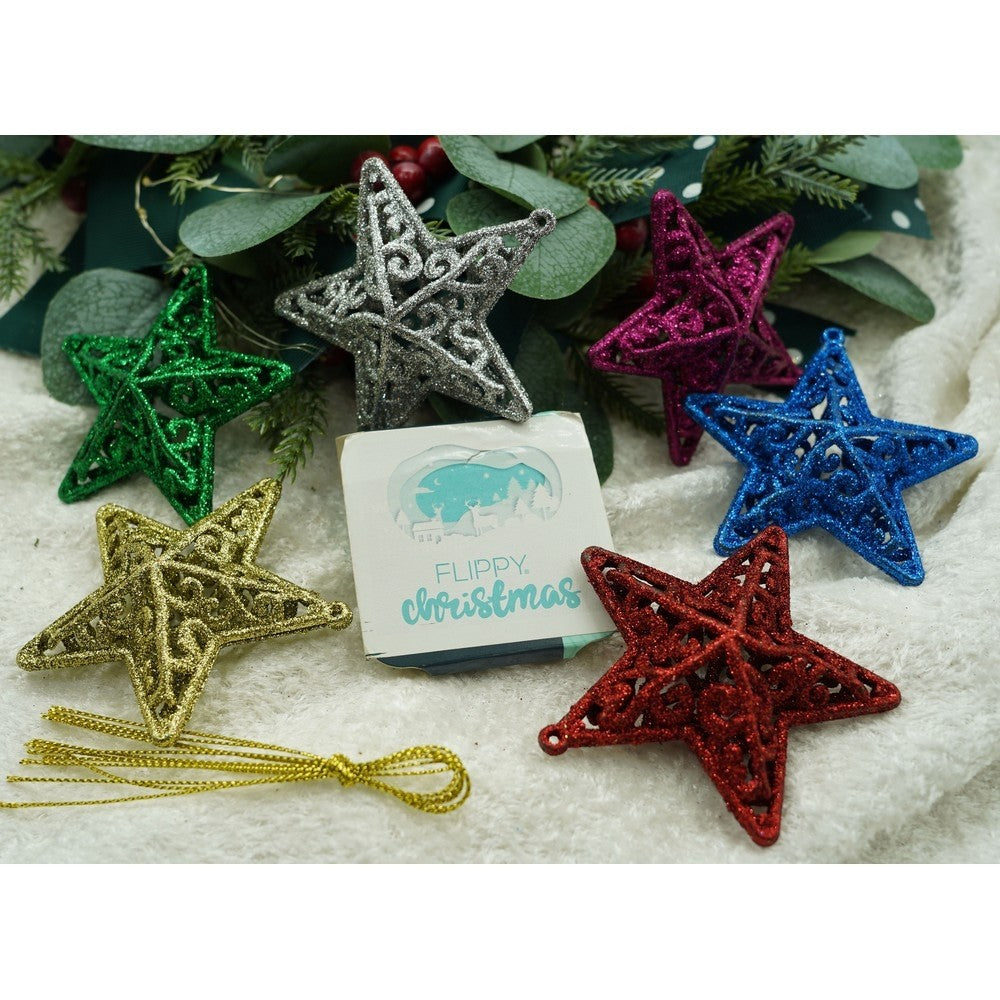 Set de 6 ornamente de brad, Flippy, de tip Stea, Multicolor, din plastic, cu finisaj sclipitor , cutie  3  cm adancime x 31  cm lungime x 9  cm inaltime-13