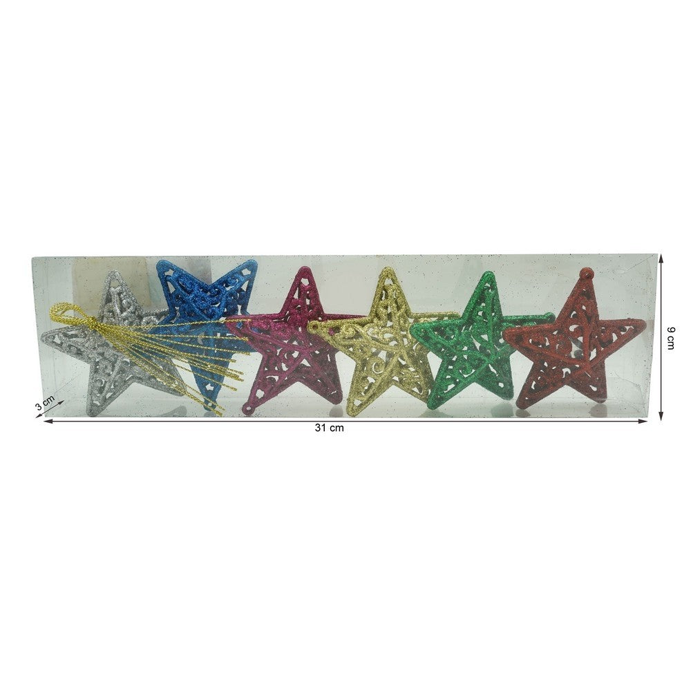 Set de 6 ornamente de brad, Flippy, de tip Stea, Multicolor, din plastic, cu finisaj sclipitor , cutie  3  cm adancime x 31  cm lungime x 9  cm inaltime-14