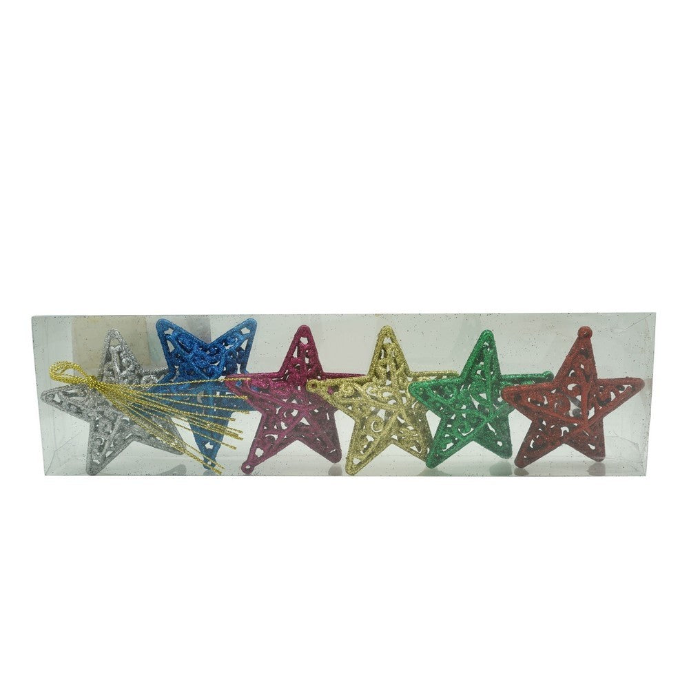 Set de 6 ornamente de brad, Flippy, de tip Stea, Multicolor, din plastic, cu finisaj sclipitor , cutie  3  cm adancime x 31  cm lungime x 9  cm inaltime-0