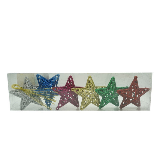 Set de 6 ornamente de brad, Flippy, de tip Stea, Multicolor, din plastic, cu finisaj sclipitor , cutie  3  cm adancime x 31  cm lungime x 9  cm inaltime-0