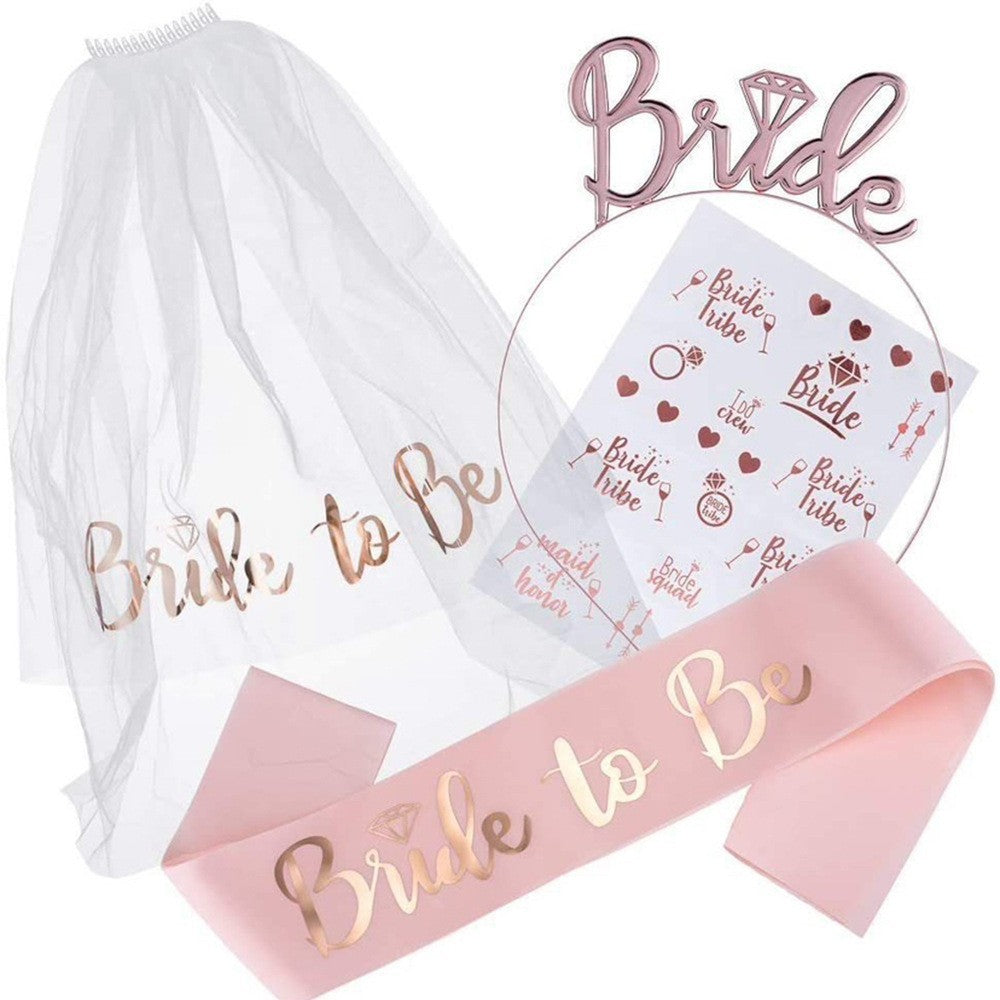 Set de Accesorii pentru Mireasa, Flippy, Coronita, Panglica, Stickere, Voal, Model Bride To Be, Tematica Nunta, Alb-Roz-0