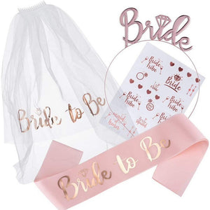 Set de Accesorii pentru Mireasa, Flippy, Coronita, Panglica, Stickere, Voal, Model Bride To Be, Tematica Nunta, Alb-Roz-0