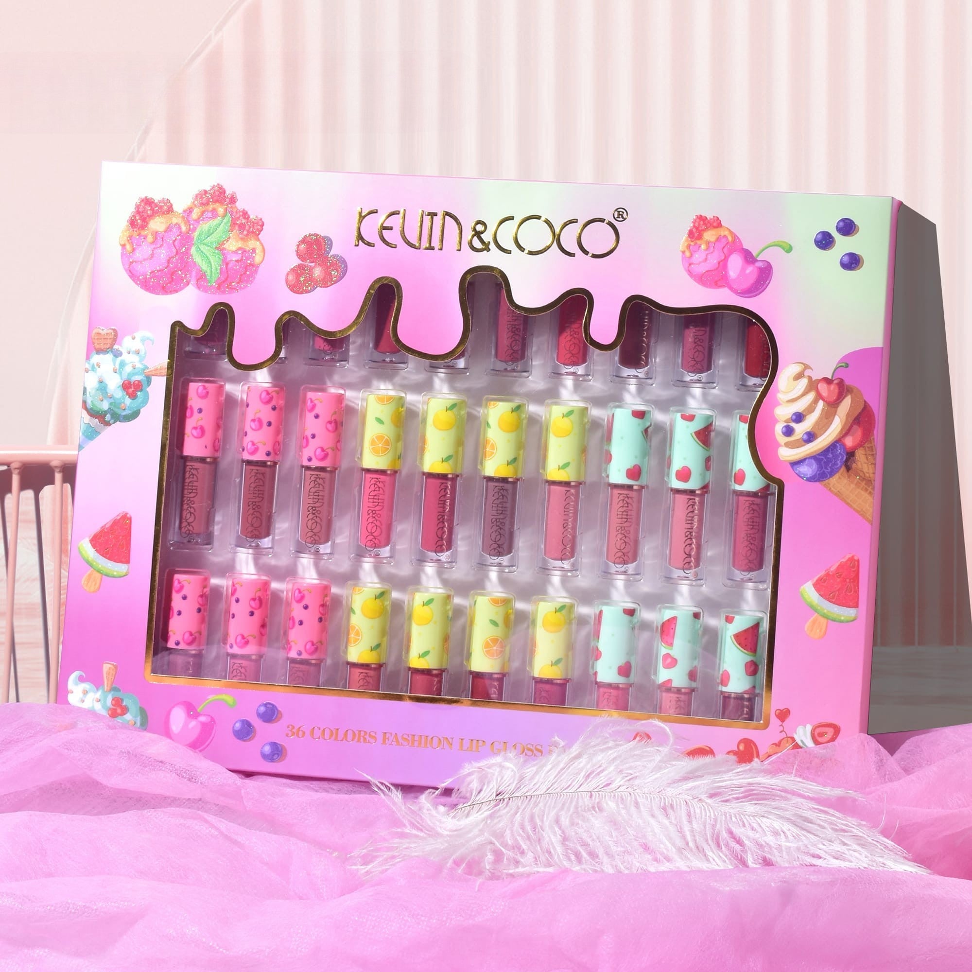 Set de Buze, KEVIN & COCO, 36 Lip Gloss-uri, Model Capac cu Fructe, 32.3 x 24.3 x 2.4 cm, Multicolor-1